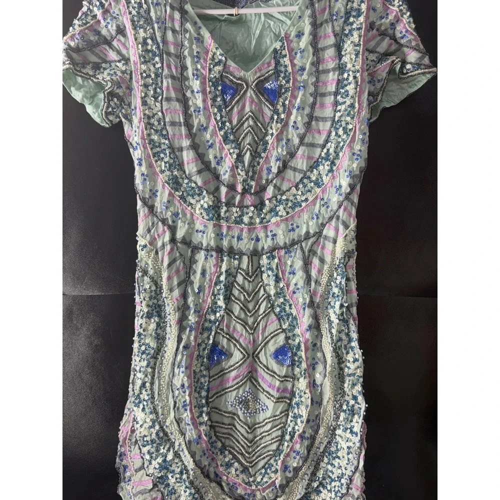 Antik Batik Mint Green Beaded Sequin Mini Dress V-Neck Boho Short Sleeve - Picture 3 of 12